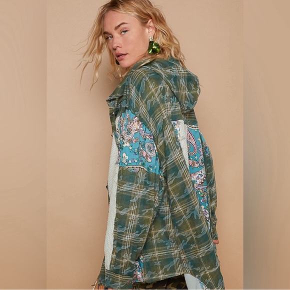 POL Tops - LAST ONE ! POL Plaid Button-Down Hoodie with Multi-Color Patchwork